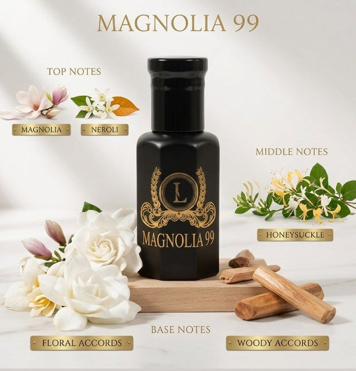 A 100% natural magonlia flower perfume oil made by Lazaval Perfumes in Australia from local and imported ingredients.