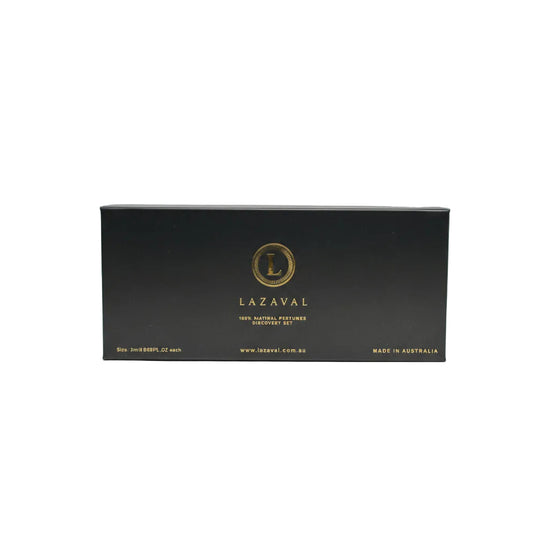 Closed black Lazaval 100% Natural Perfumes Discovery Set gift box with gold embossed logo and Made in Australia lettering, on a white background.