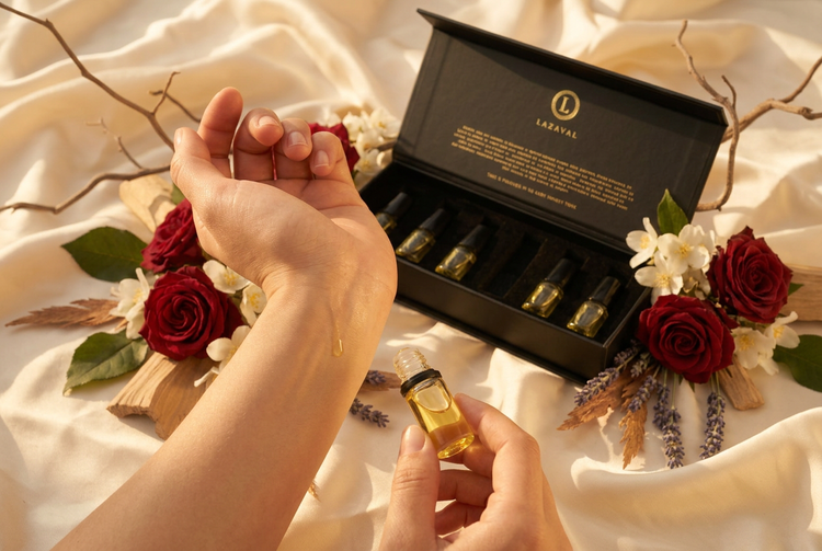 Golden perfume oil from a Lazaval Discovery Set vial being applied to a wrist, with the open black Lazaval gift box, roses and botanicals on cream silk in warm golden light.