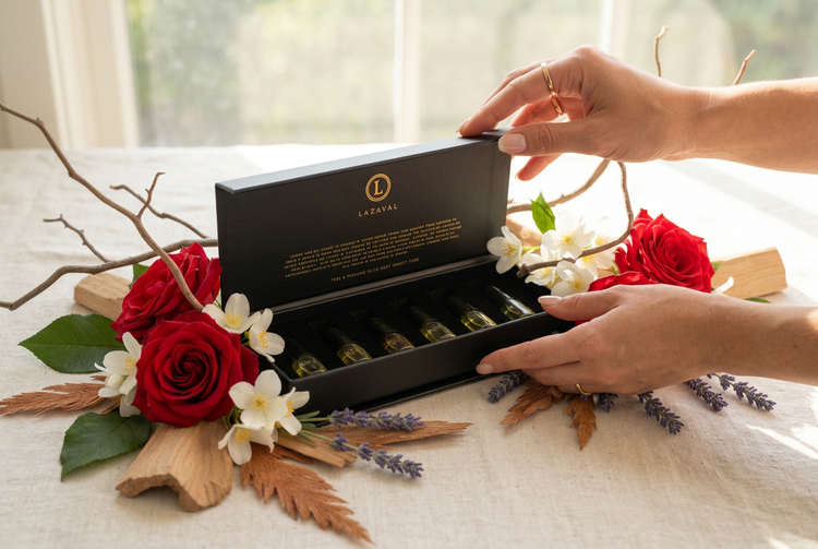 Hands lifting the lid of a black Lazaval gift box to reveal Discovery Set perfume oil vials nestled inside, styled with red roses, white frangipani flowers and lavender sprigs.